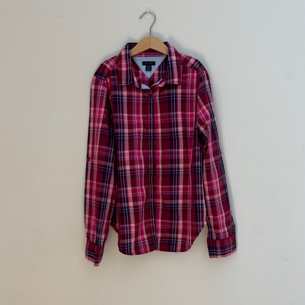 Tommy Hilfiger Girls Pink Plaid Shirt Size 12-14 Roll Tab Sleeve Curved Hem
